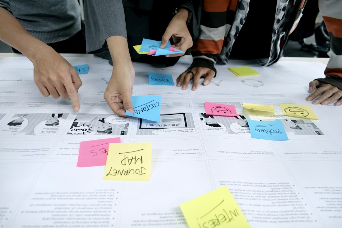 Team mapping priorities with sticky notes on a table